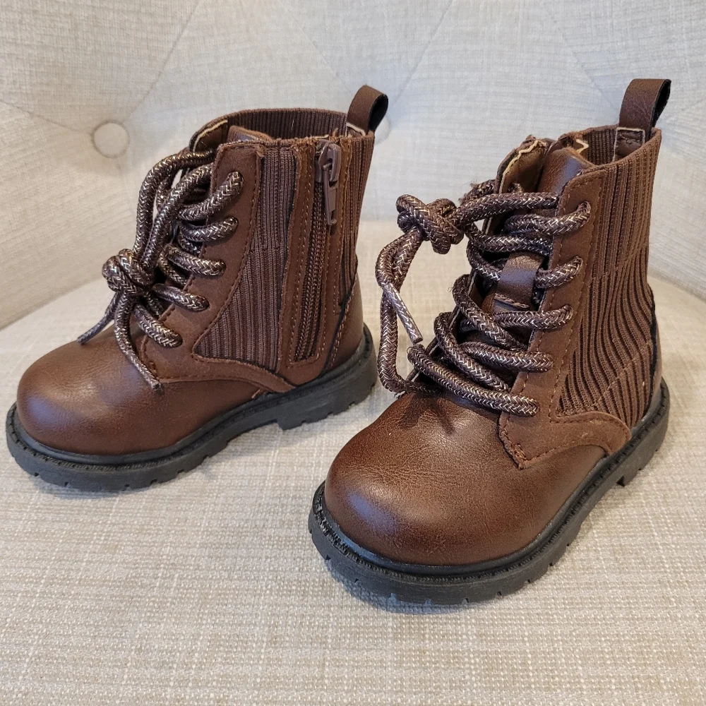 Carters Boots Toddler Canna Brown Sparkle Laces Zip Up Size 5M Vegan Lea…